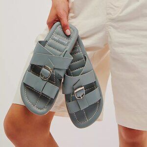 NEW Free People Sloan Buckle Flat Sandals - Leather Stormy Sea For Women 252
